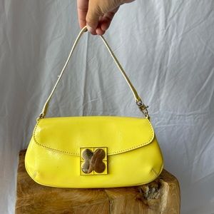Vintage 90’s Liz Claiborne Banana Yellow Vinyl Handbag with Gold Flower Hardware